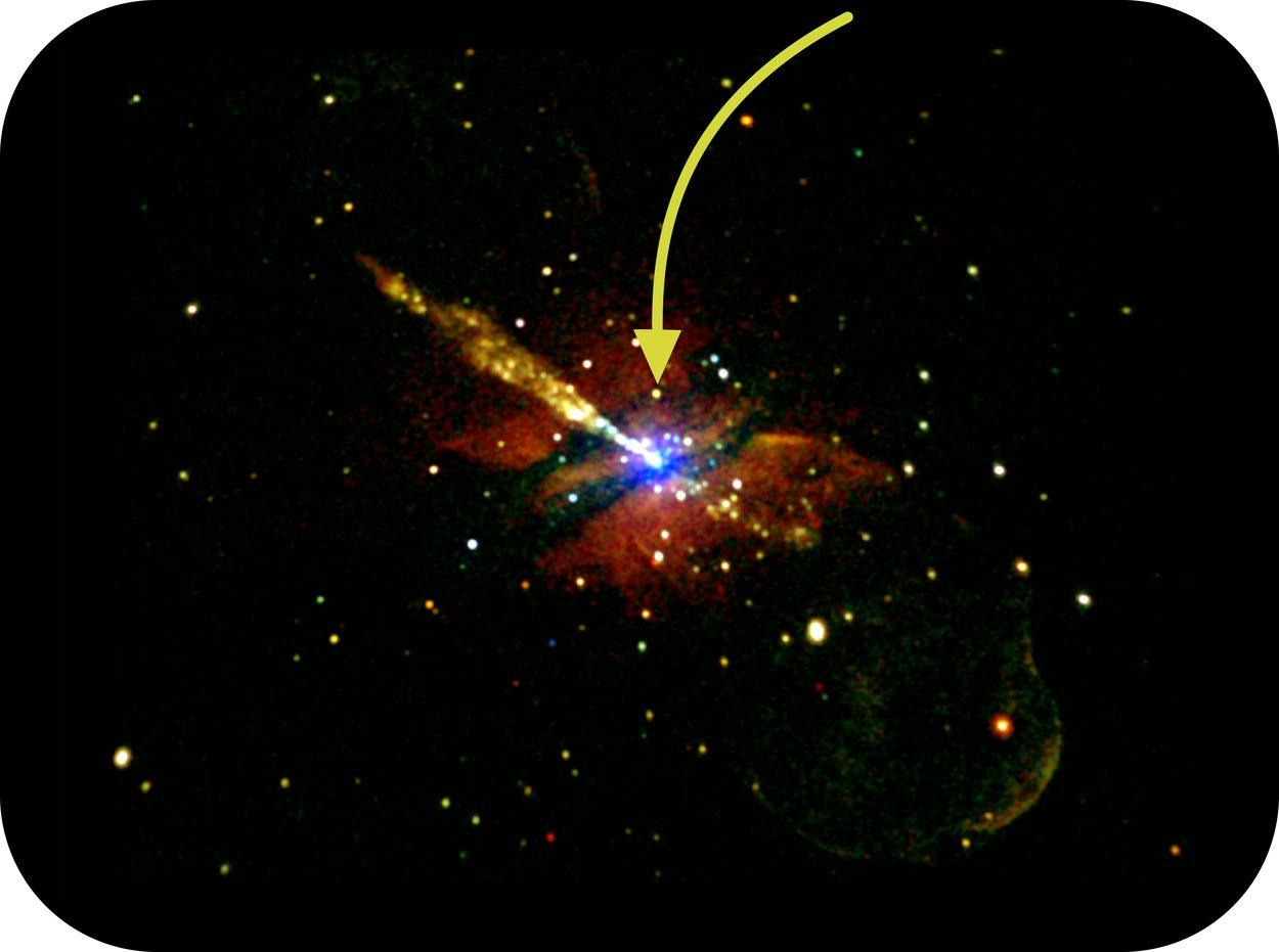 Mũi tên màu vàng chỉ rõ vị trí của lỗ đen có mặt trong Centaurus A. 