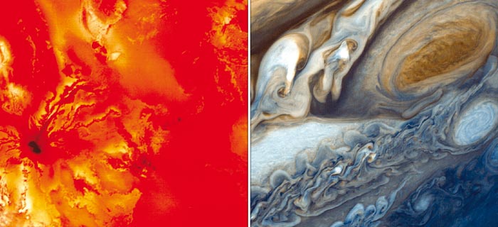 Một ngọn núi lửa trên vệ tinh Io của Mộc tinh (trái) và Đốm Đỏ Lớn của Mộc tinh