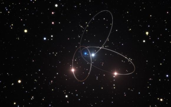 Ảnh minh họa quỹ đạo của ba ngôi sao rất gần siêu lỗ đen tại tâm Ngân Hà