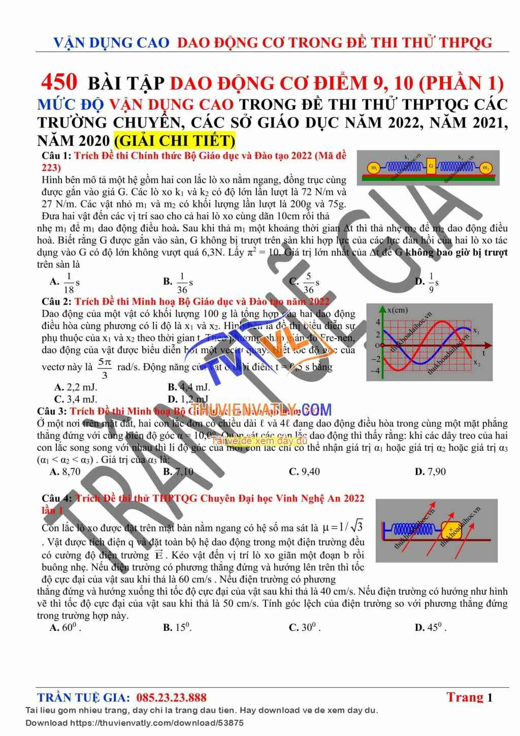 450 Bài tập VẬN DỤNG CAO Dao Động Cơ Trong Đề thi thử THPTQG 2022 Phần 1 