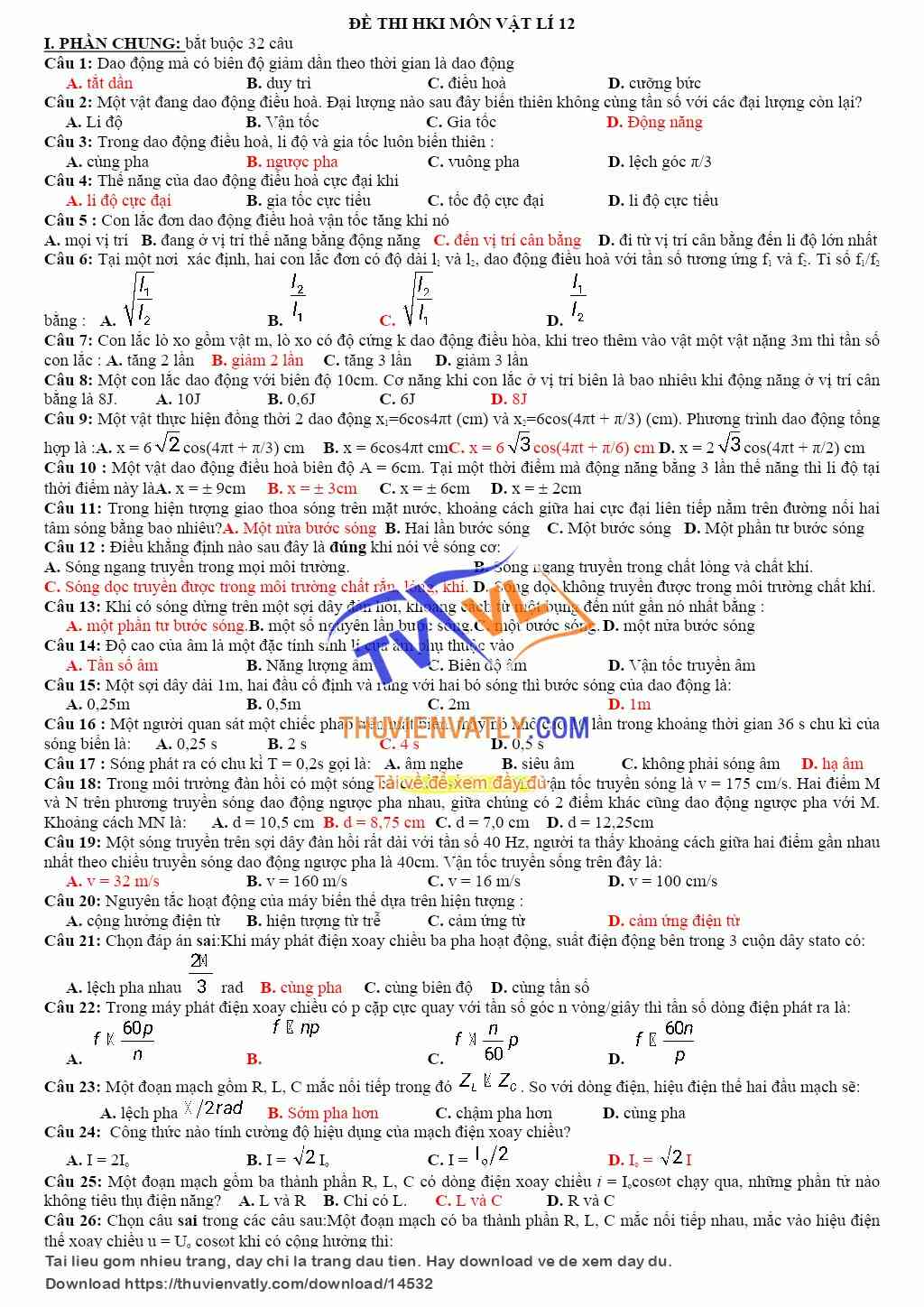Đề thi HK 1 vật lý 12 (có đáp án)