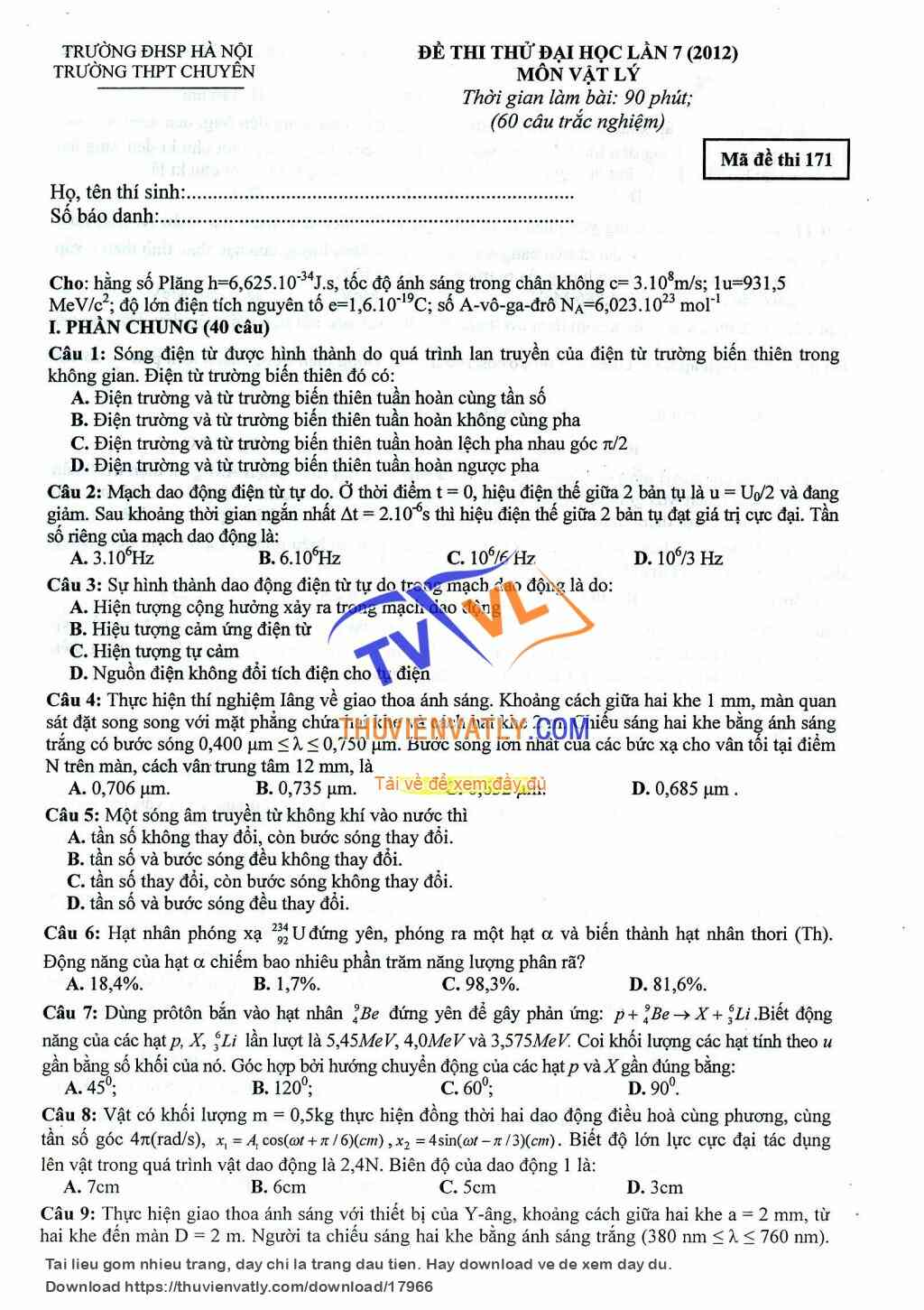 Đề thi thử THPT Chuyên ĐHSP Hà Nội lần 7-2012