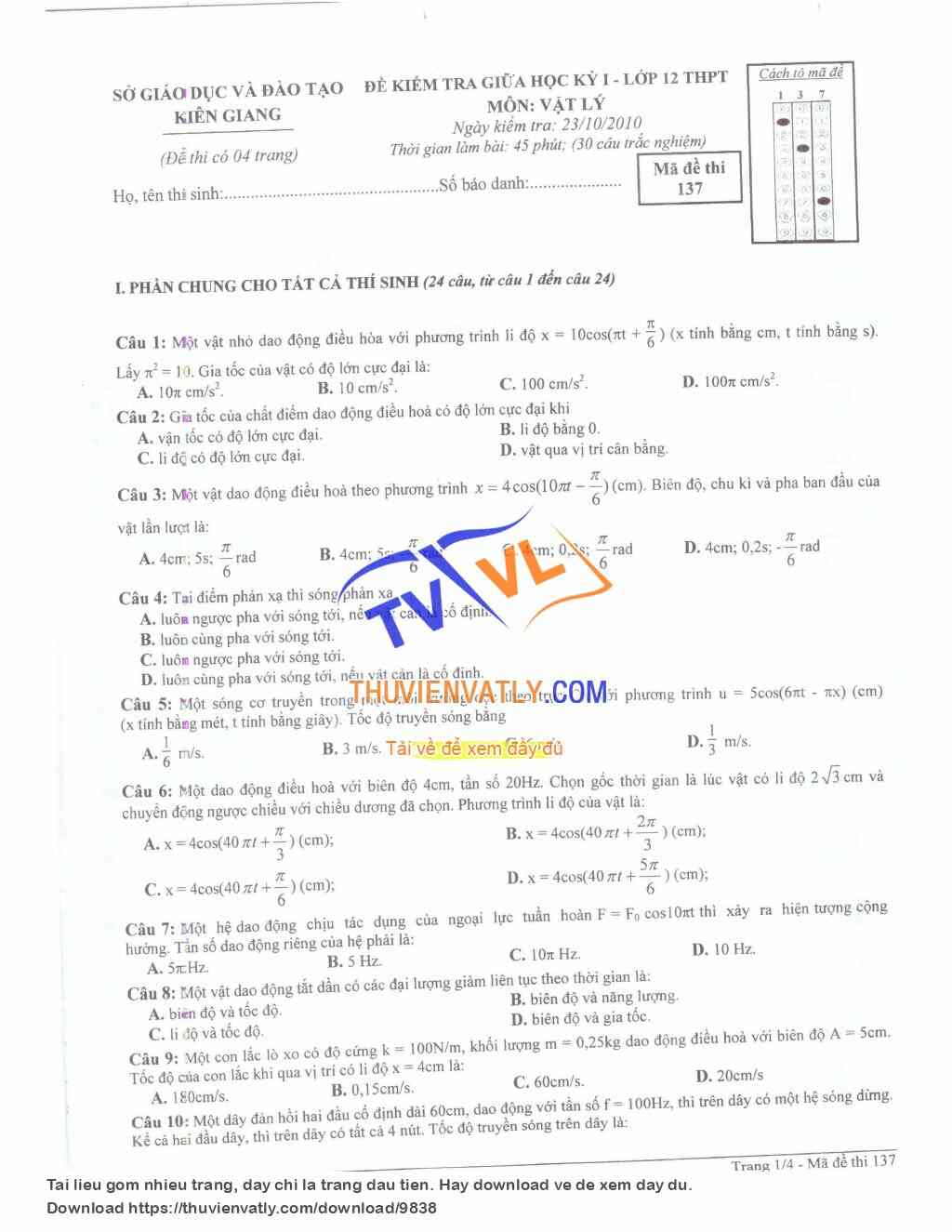 Đề kiểm tra giữa học kì 1 Vật lí 12 (Kiên Giang, 23/10/2010)