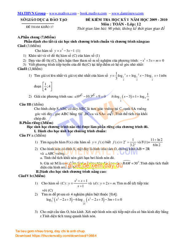 19 đề kiểm tra toán học kì 1 Lớp 12