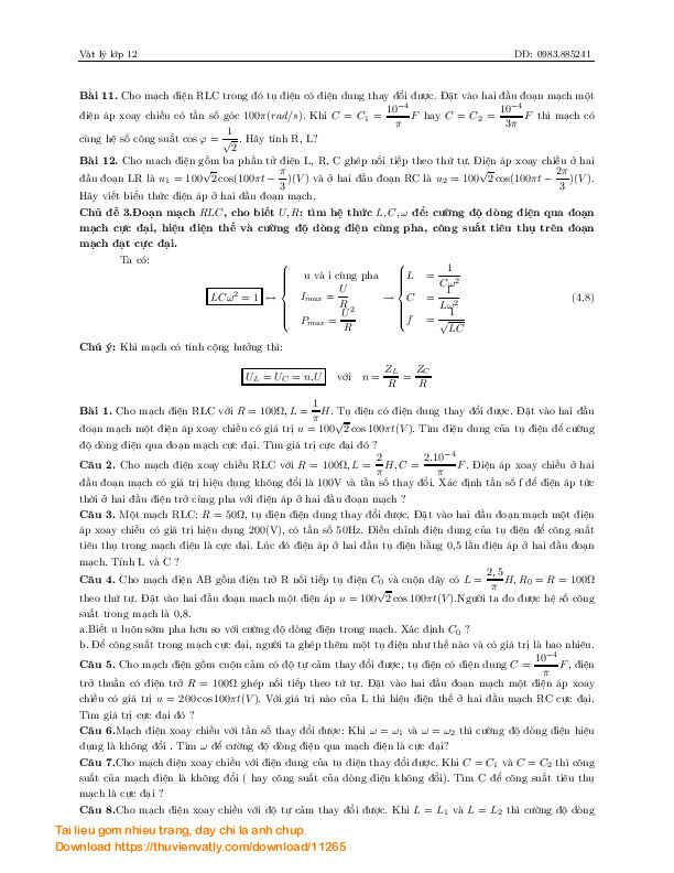 Các vấn đề lí thuyết + bài tập VL12: Sóng cơ, Sóng điện từ, Sóng ánh sáng