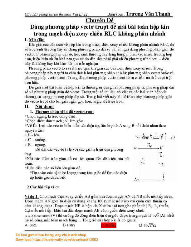 Phương pháp vectơ trượt giải bài toán hộp kín ĐXC 12 (Trương Văn Thanh)