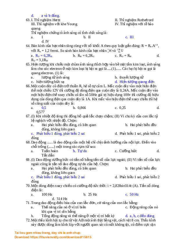 150 câu hỏi trắc nghiệm vật lý 12 nâng cao