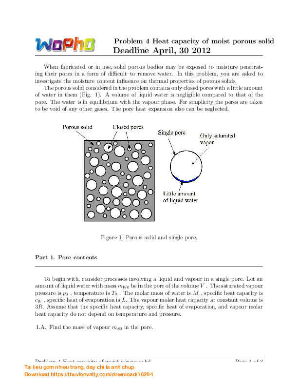 WoPhO 2012: Problem 4 Heat capacity of moist porous solid Deadline April, 30 2012