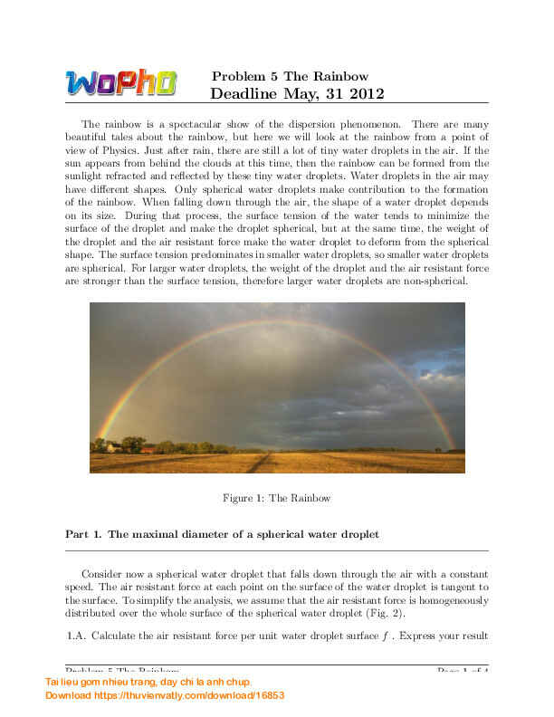 WophO: Problem 5 The Rainbow (Hiện tượng cầu vồng) Deadline May, 31 2012