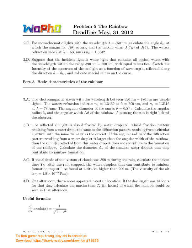 WophO: Problem 5 The Rainbow (Hiện tượng cầu vồng) Deadline May, 31 2012