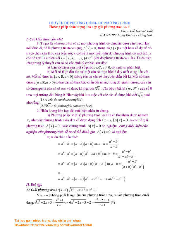 Giải phương trình vô tỉ bằng phương pháp nhân lượng liên hợp