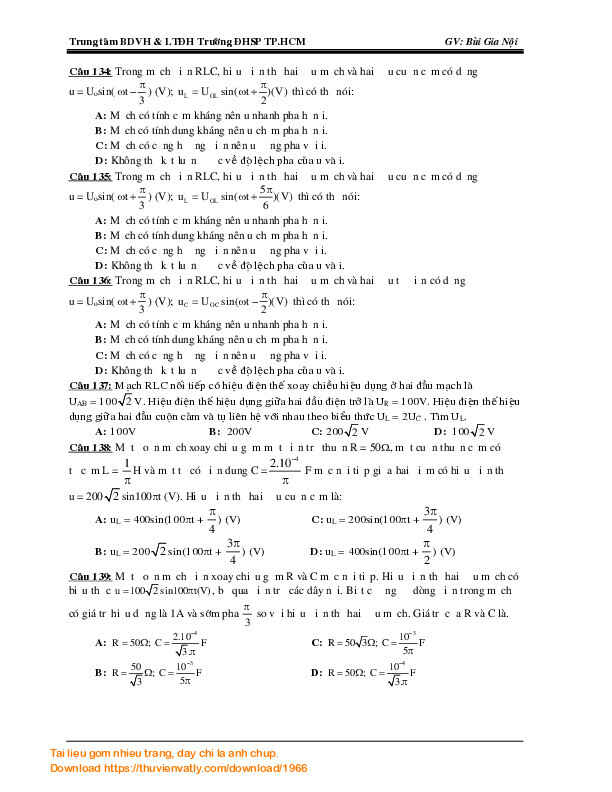 Tóm tắt lý thuyết -bài tập phần dòng điện xoay chiều-GV Bùi Gia Nội