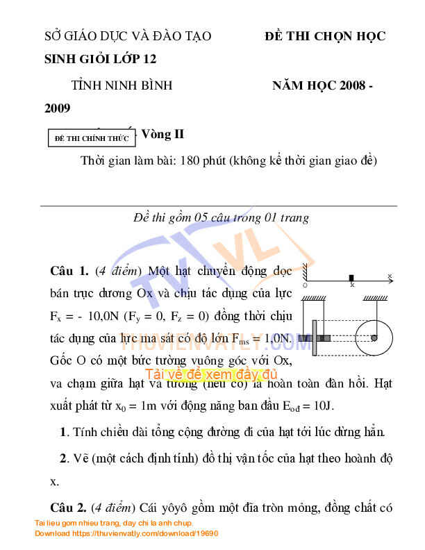 Đề thi HSG tỉnh Ninh Bình lớp 12 năm 2008-2009