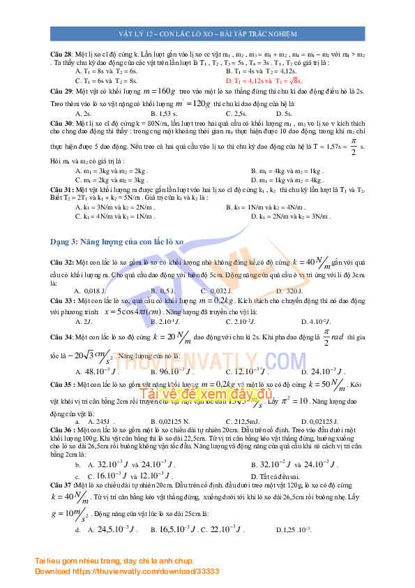 Vật lý 12-con lắc lò xo - Bài tập trắc nghiệm