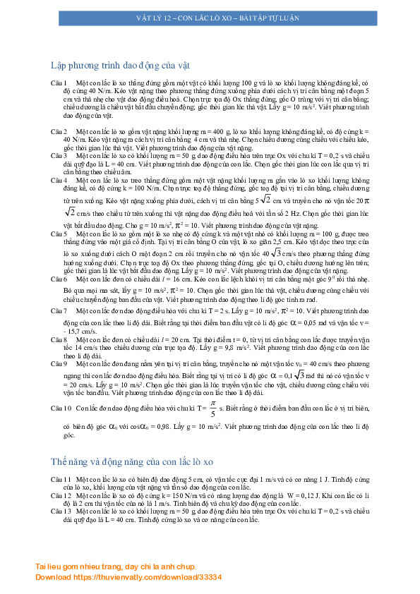 Vật lý 12-con lắc lò xo - Bài tập tự luận