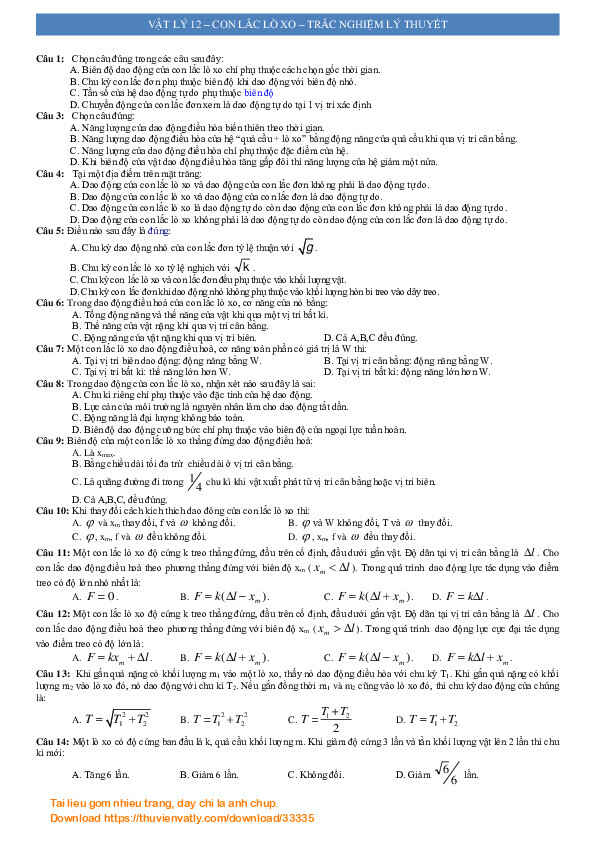 Vật lý 12-con lắc lò xo - Trắc nghiệm Lý Thuyết