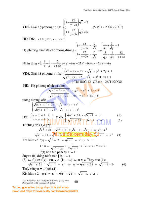 Phương trình và hệ phương trình đại số-LTĐH