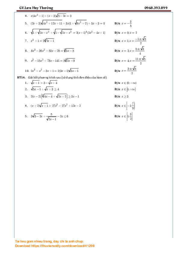 Phương trình - Bất phương trình Hệ phương trình Đại số