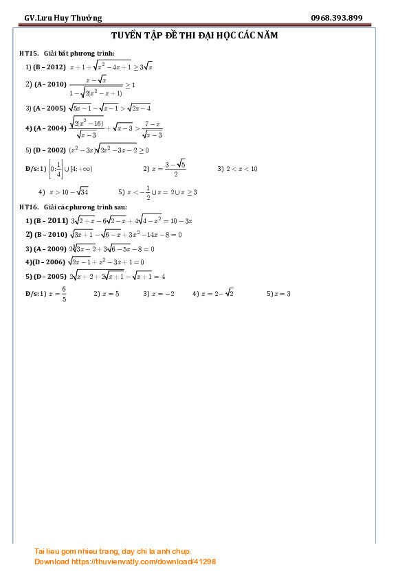 Phương trình - Bất phương trình Hệ phương trình Đại số