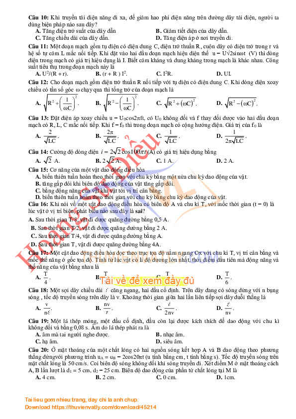 Đề kiểm tra  vật lý 12 chương 1-2-3