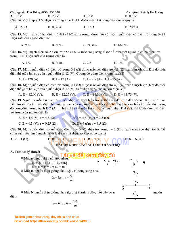 Các dạng bài tập hay chương 2 vật lý 11