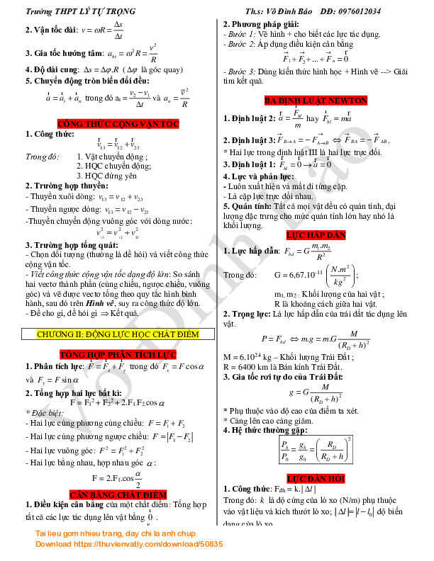 Công thức vật lý 10. Bản hoàn chỉnh