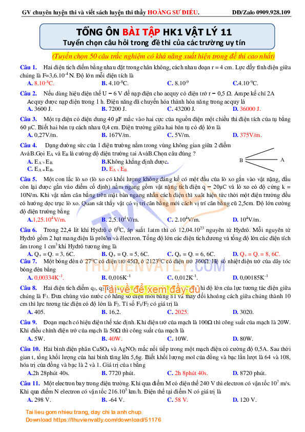 Tổng ôn HK1 Vật Lý 11 bằng 50 câu trắc nghiệm bài tập (Có đáp án)