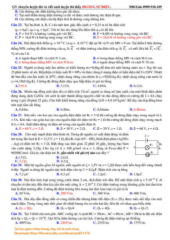 Tổng ôn HK1 Vật Lý 11 bằng 50 câu trắc nghiệm bài tập (Có đáp án)