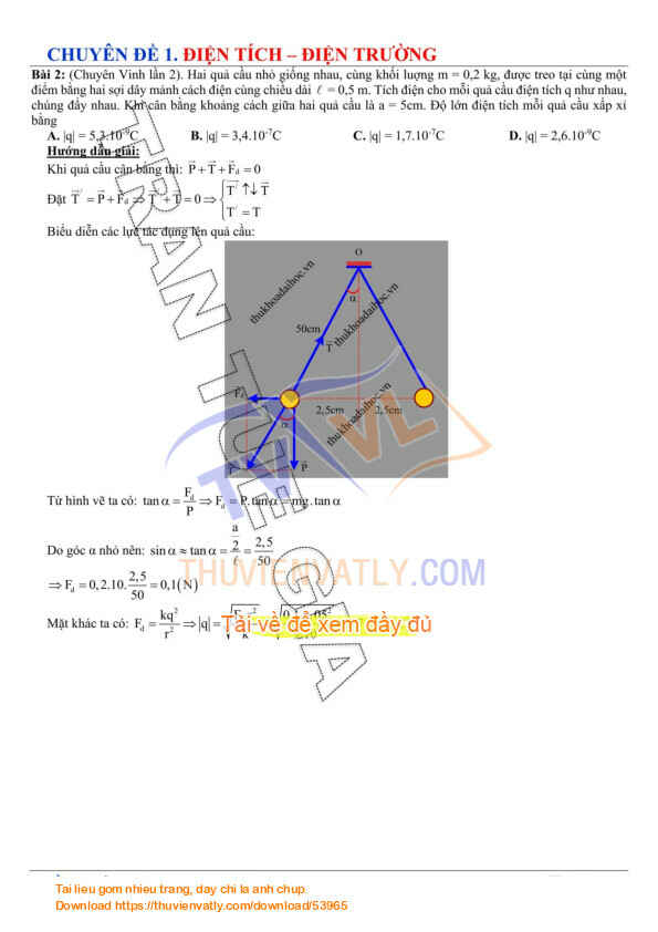 Cân bằng của một điện tích - Chịu tác dụng của Trọng lực và Lực căng dây - Chương 1 (Điện tích Điện trường) - Vật lý 11
