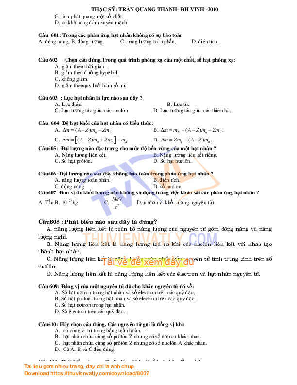 700 câu lí thuyết luyện thi đại học - Trần Quang Thanh, ĐH Vinh