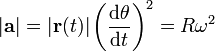  |\mathbf{a}| = |\mathbf{r}(t)| \left ( \frac 
{\mathrm{d} \theta}{\mathrm{d}t} \right) ^2 = R {\omega}^2\ 