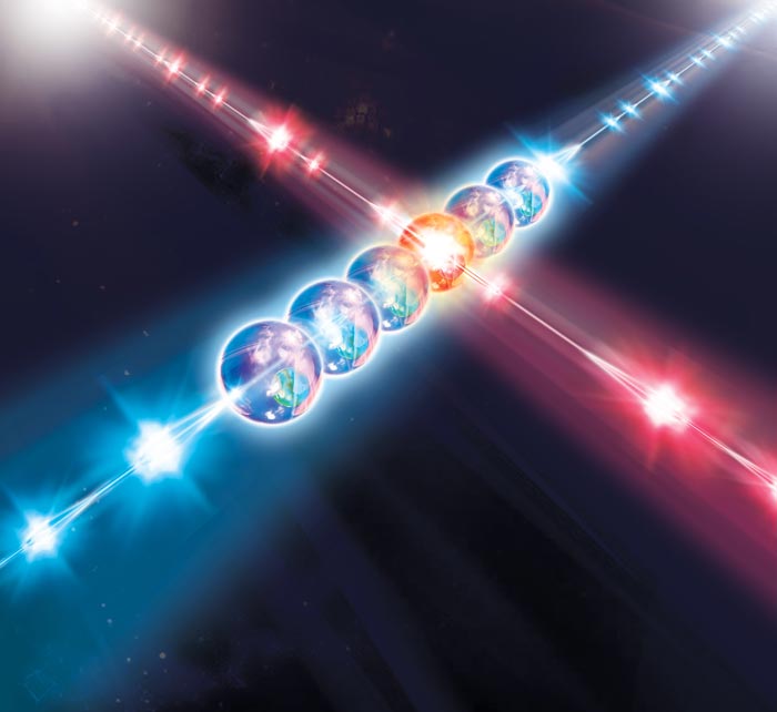 Ảnh minh họa những xung laser đang điều khiển một vật mô phỏng lượng tử kĩ thuật số 6 ion.