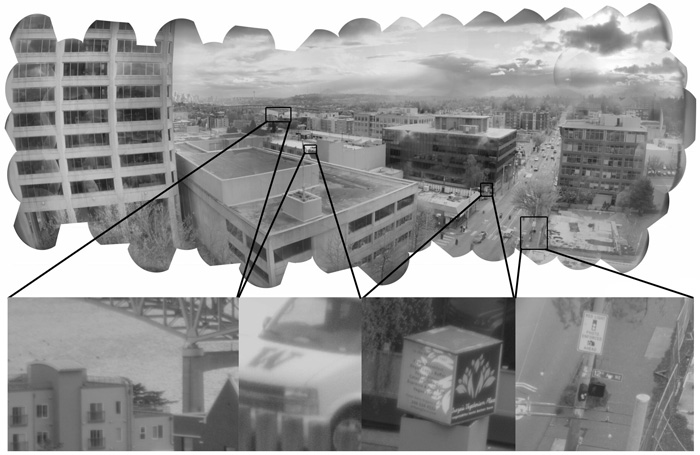Ảnh chụp ở Seattle bằng AWARE-2. Những khung hình nhỏ thể hiện những chi tiết khác nhau bên trong bức ảnh. (Ảnh: Duke University Imaging and Spectroscopy Program)