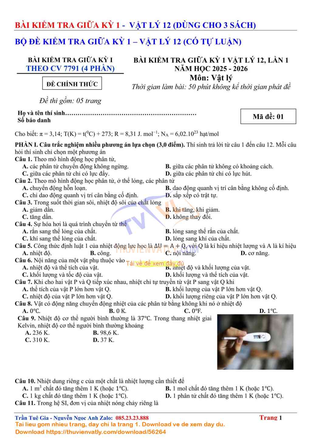 Bộ Đề Kiểm Tra Giữa Kỳ I - Vật lý 12 - Theo CV7791 (Có tự luận)