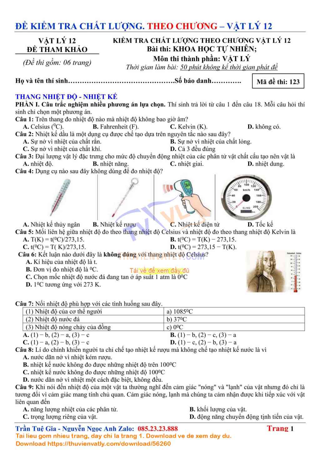 Đề Khảo sát Chất lượng Thang nhiệt độ - Nhiệt kế - Vật lý 12 - Chương I. Vật lý nhiệt 