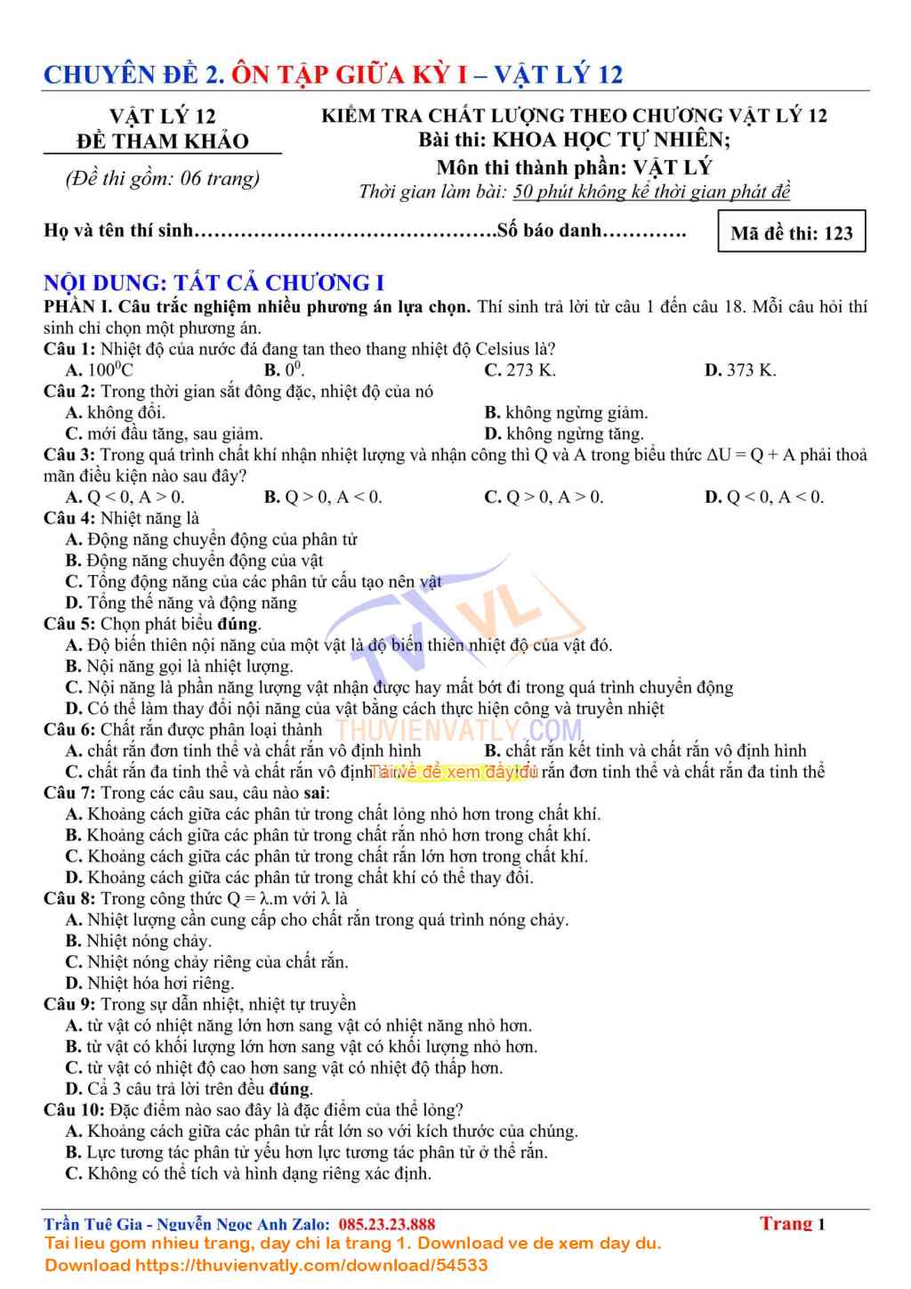 Bài Kiểm Tra Giữa Kỳ 1 - Vật lý 12 lần 6 - Theo Minh hoạ Của Bộ Giáo dục và Đào tạo