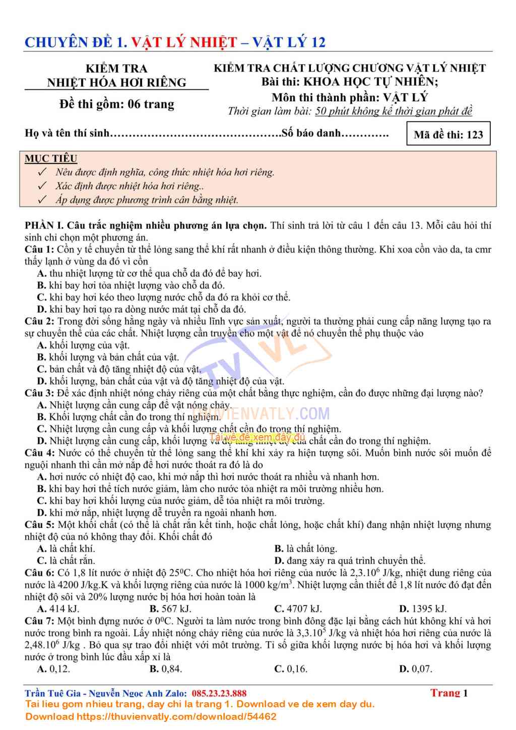 Kiểm tra Chất lượng Nhiệt hoá hơi riêng - Chương Vật lý nhiệt - Kết nối Tri thức Vật lý 12