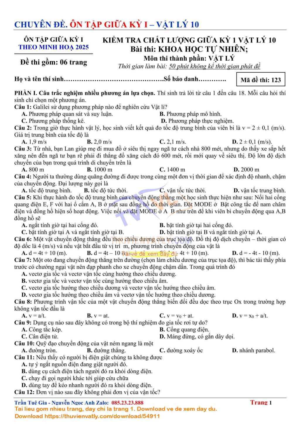 Bài Kiểm Tra Giữa Kỳ 1 Vật lý 10 lần 7 - Theo Minh hoạ Của Bộ Giáo dục và Đào tạo