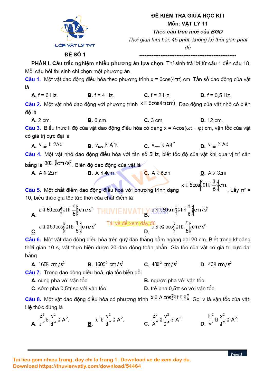 Đề kiểm tra giữa kì I Vật Lí 11