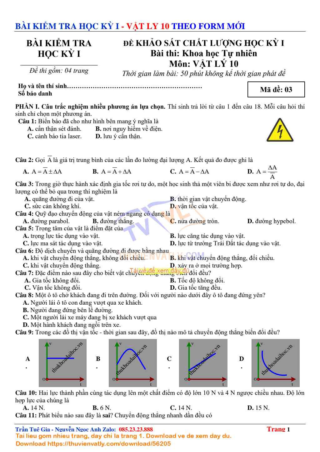 Bài Kiểm Tra Học kỳ 1 Vật lý 10 lần 04 - Theo Minh hoạ Của Bộ Giáo dục và Đào tạo