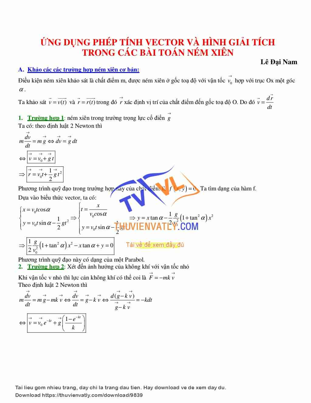Ứng dụng phép tính vector và hình giải tích vào bài toán ném xiên - Lê Đại Nam