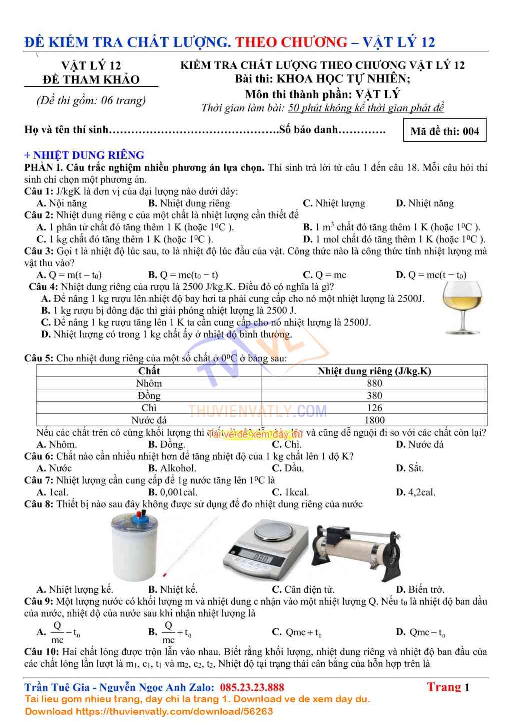 Đề Khảo sát Chất lượng Nhiệt dung riêng - Vật lý 12 - Chương I. Vật lý nhiệt