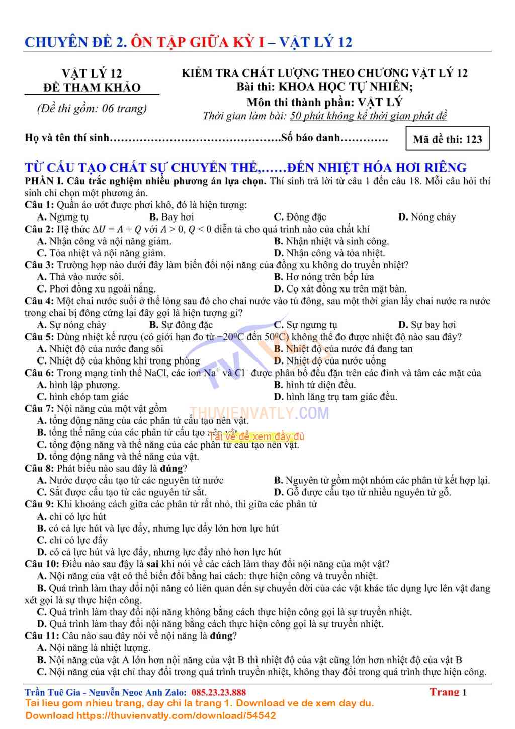 Bài Kiểm Tra Ôn tập Giữa Kỳ 1 - Vật lý 12 lần 5 - Theo Minh hoạ Của Bộ Giáo dục và Đào tạo