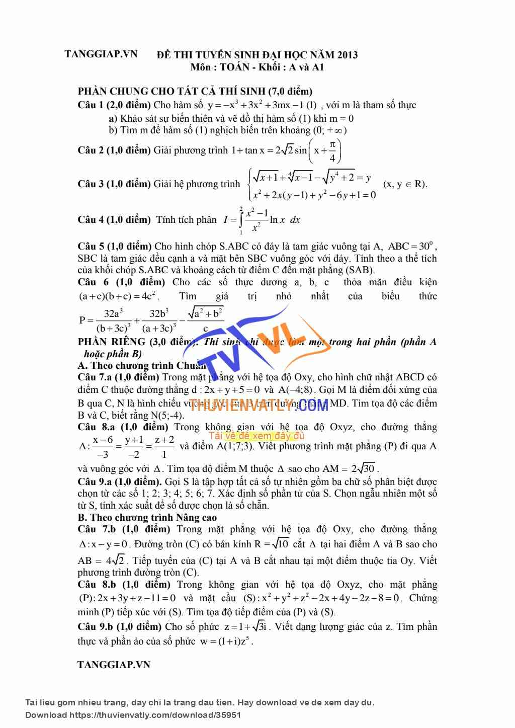 Lời giải chi tiết môn toán ĐH 2013 khối A; A1