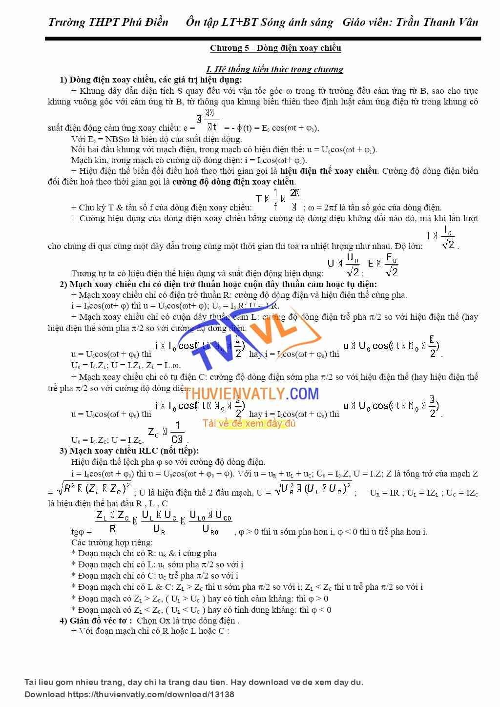 Lý thuyết và BT dòng điện xoay chiều (đáp án)