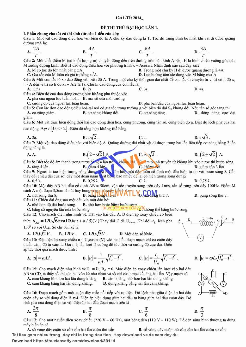 11 đề ôn tập 12A1 thống nhất