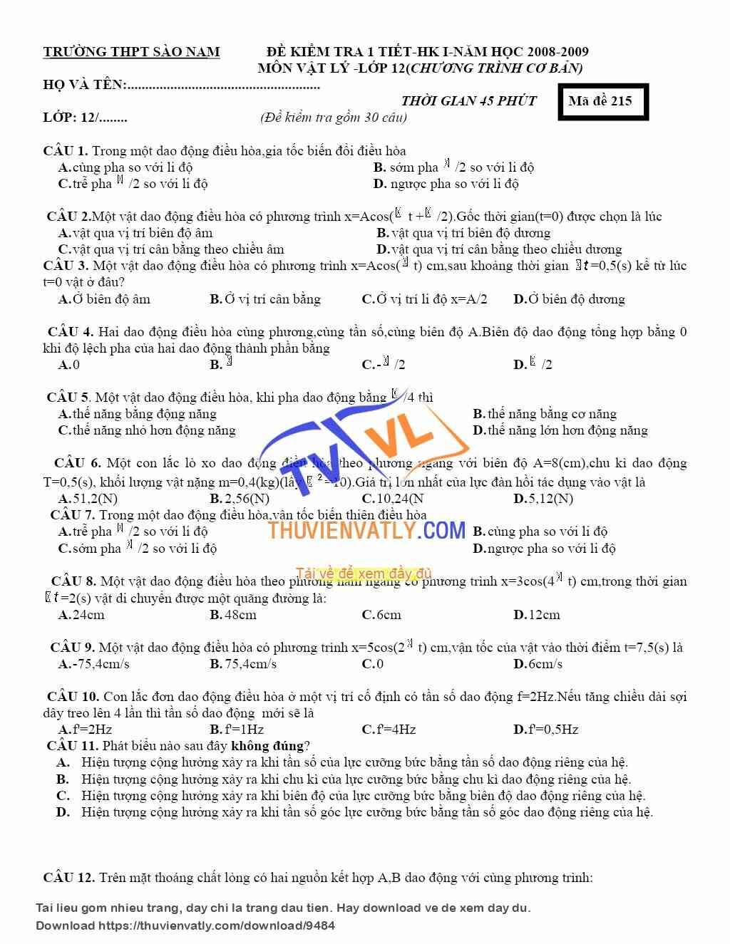 Kiểm tra 1 tiết chương 12 lớp 12 CB - THPT Sào Nam