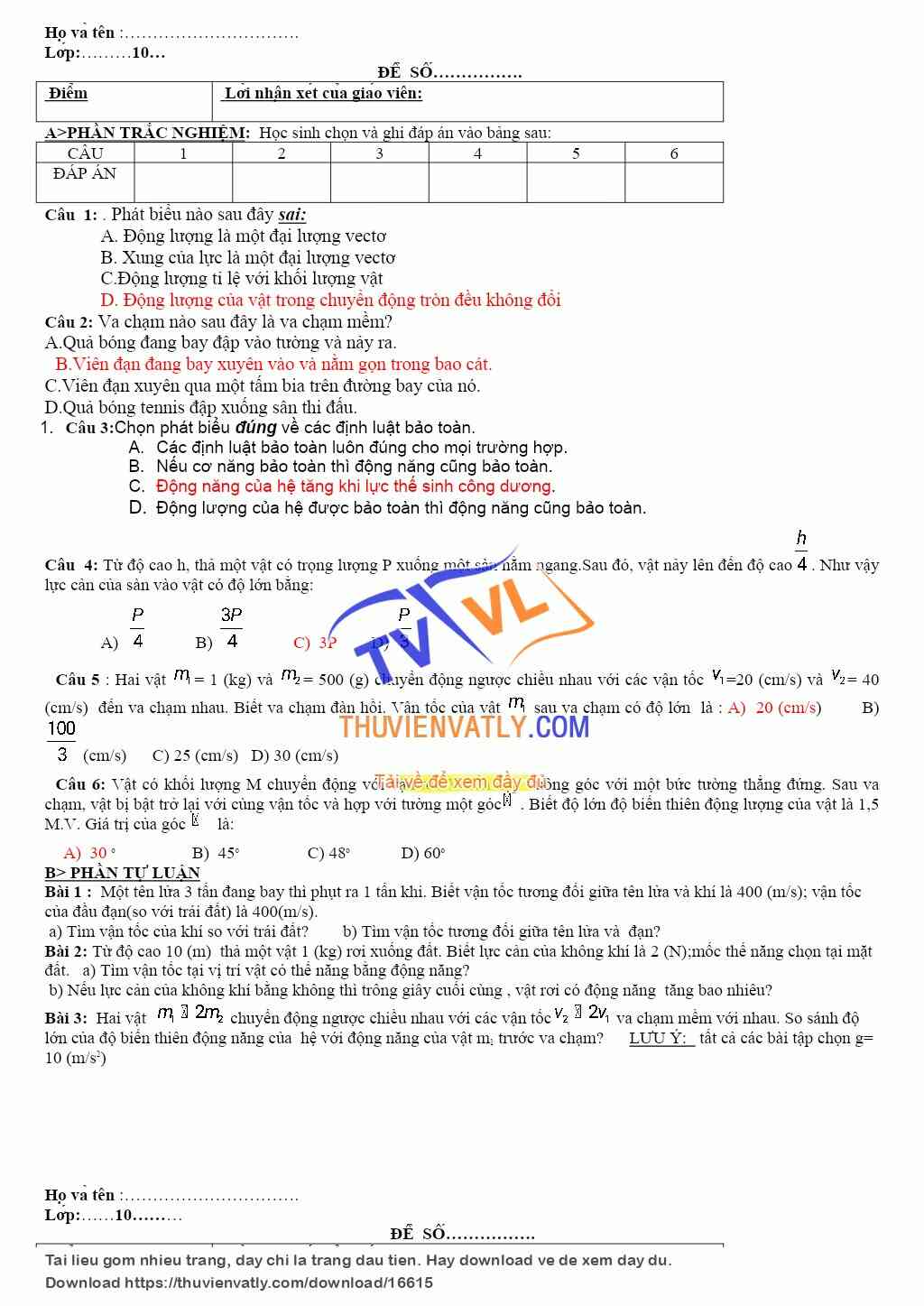 Bài kiểm tra 1 tiết thứ nhất trong HK2 của Lý 10 NC