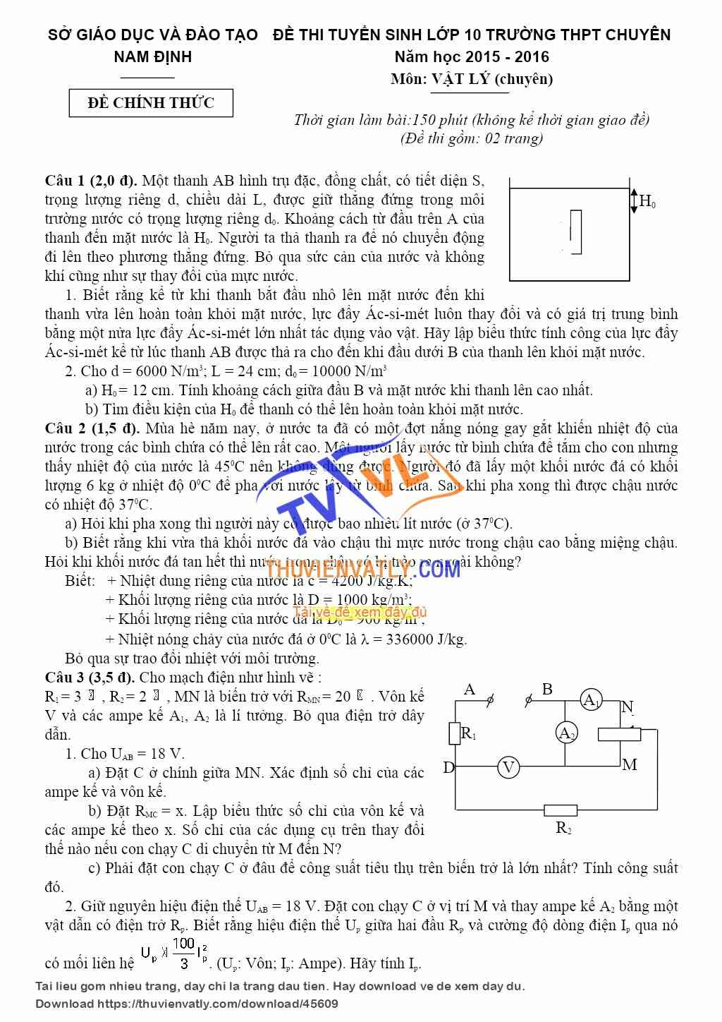 Đề Thi Tuyển Sinh Vào Lớp 10 Chuyên Vật Lí Lê Hồng Phong - Nam Định 2015 - 2016