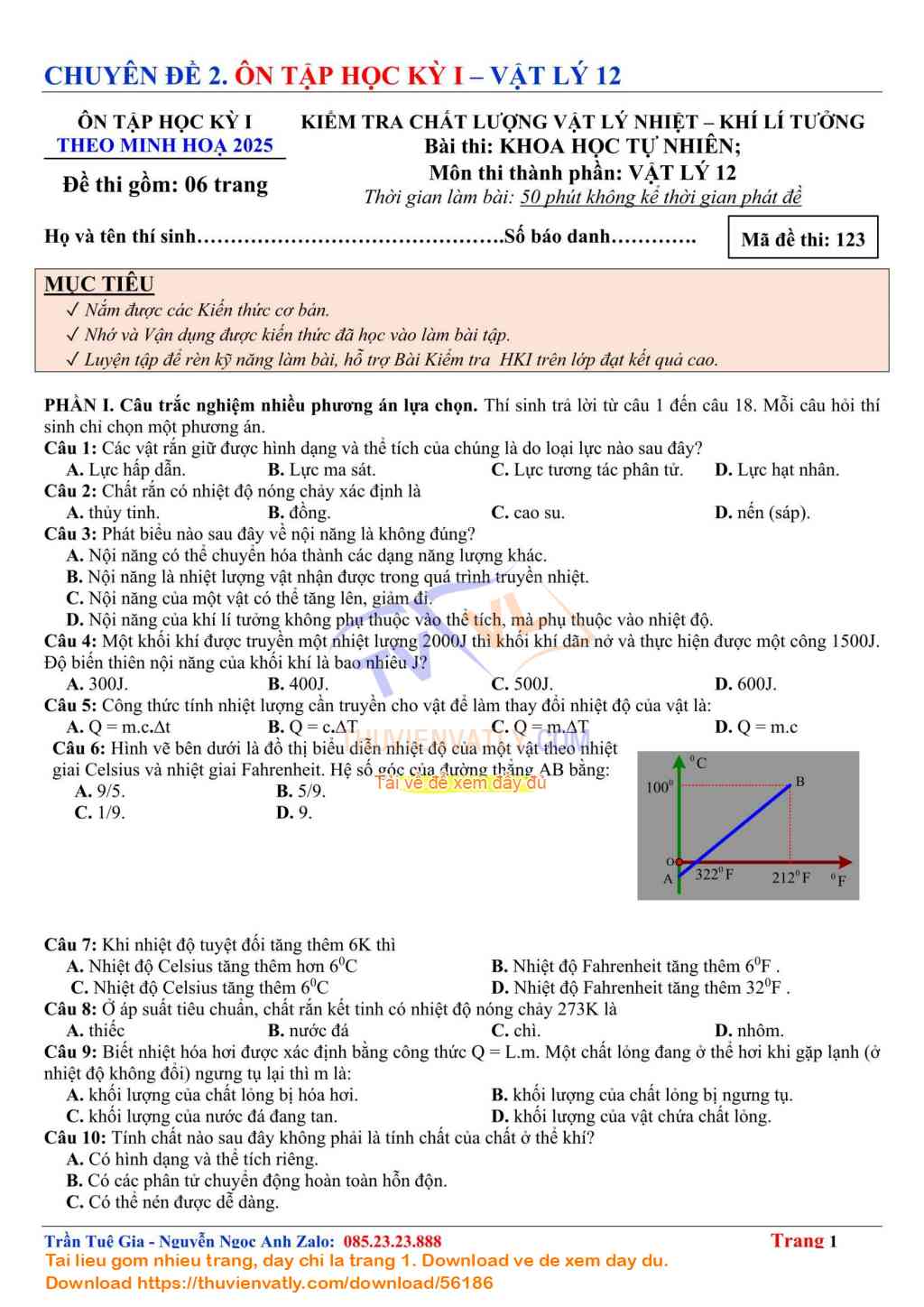 Bài Kiểm Tra Học Kỳ 1 Vật lý 12 lần 06 - Theo Minh hoạ Của Bộ Giáo dục và Đào tạo